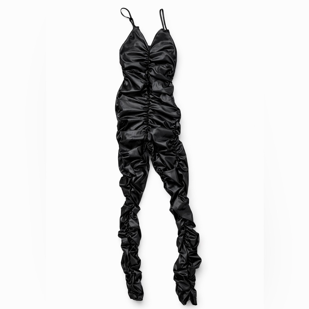 SHEIN Black Ruched Satin-Effect Spaghetti Strap Jumpsuit